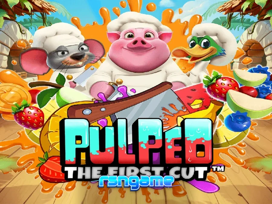 Tampilan visual slot Pulped: The First Cut dengan koki hewan dan buah-buahan tropis